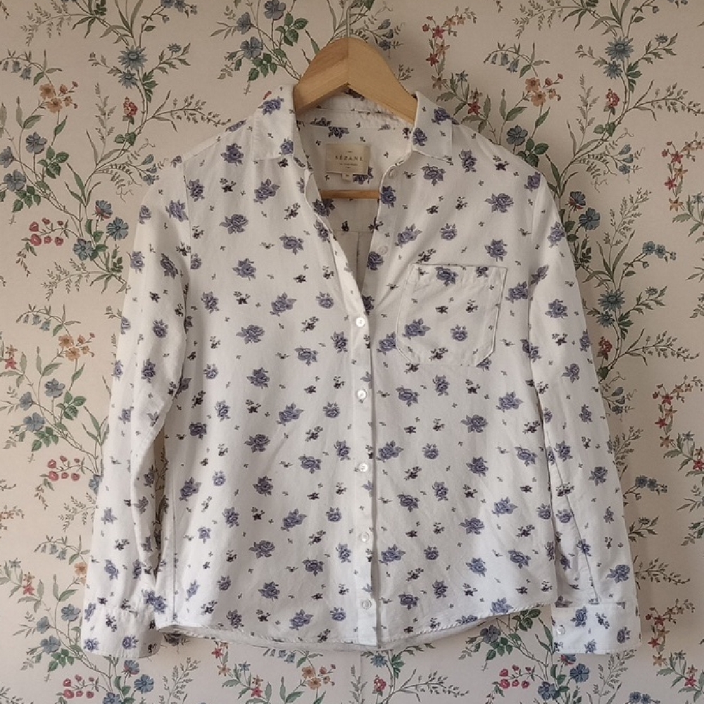 Sezane Long sleeve 100% Cotton Button Up Oxfords - White With Blue Roses